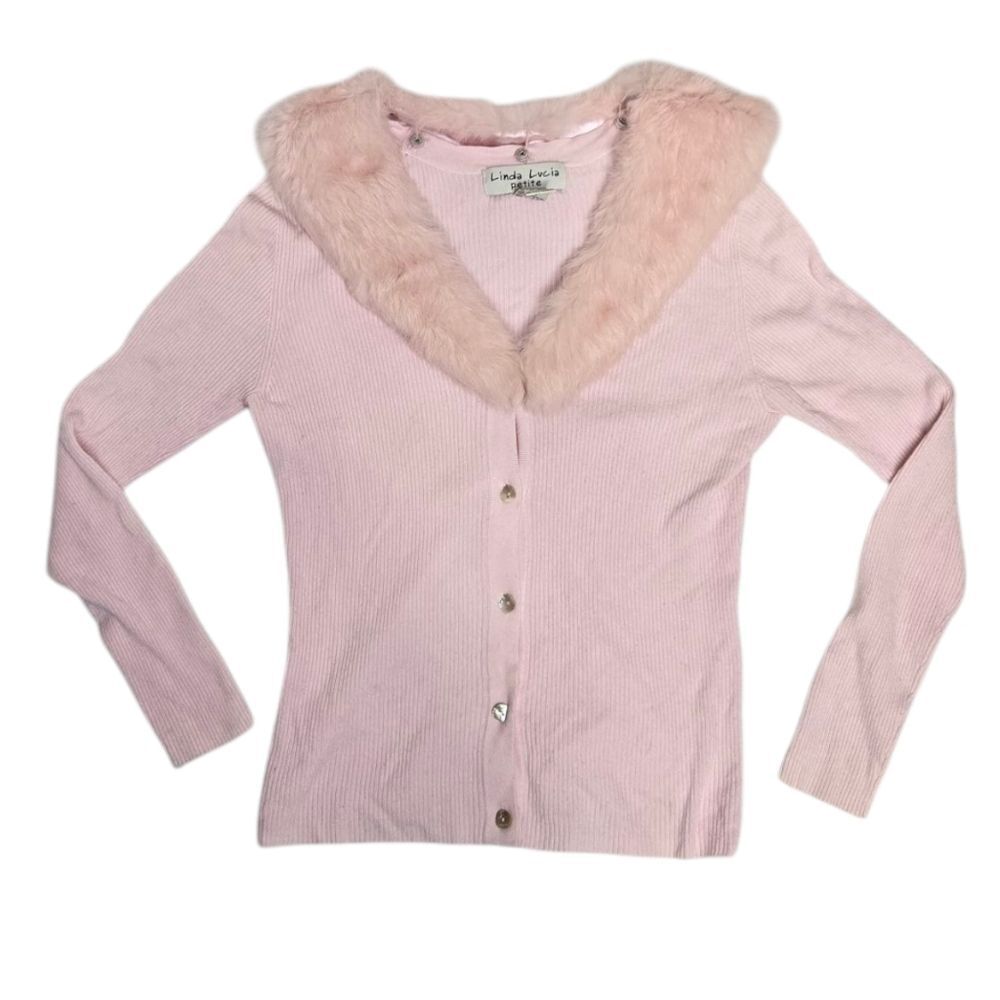VINTAGE Y2K soft pastel pink detachable faux fur collar kawaii ribbed cardigan S